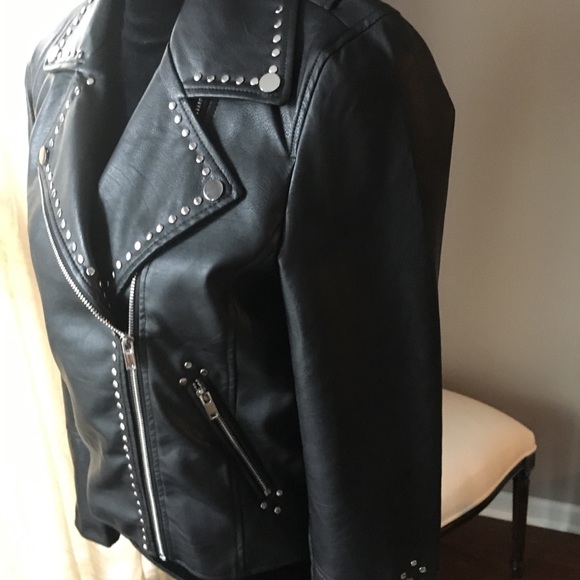 Miss Selfridge Women’s Black Faux Leather Moto Jacket Size 10 Studded Biker - Picture 3 of 5